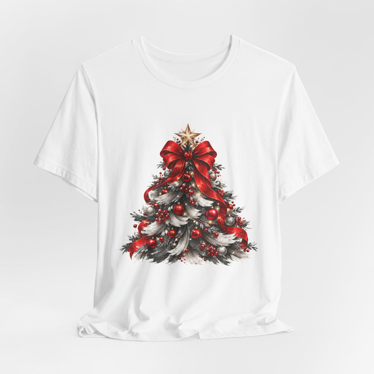 Festive Christmas Tree Sweatshirt – Red Bow & Ornament Holiday Crewneck
