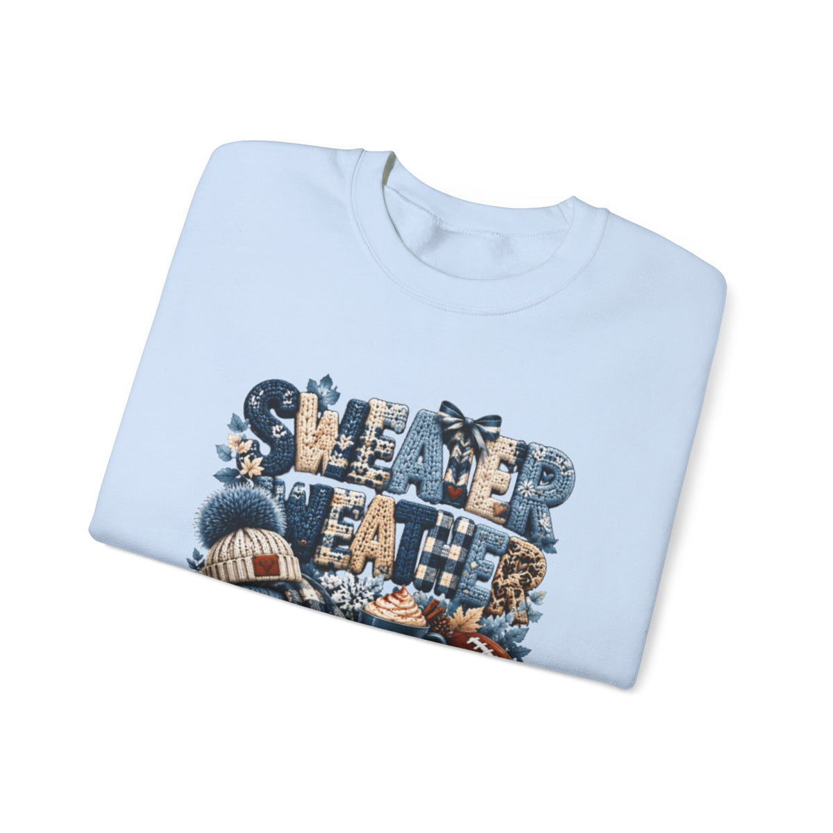 Blue Sweater Weather Shirt – Crochet Knit Fall Graphic Tee, Leopard Print Pumpkin & Coffee Design