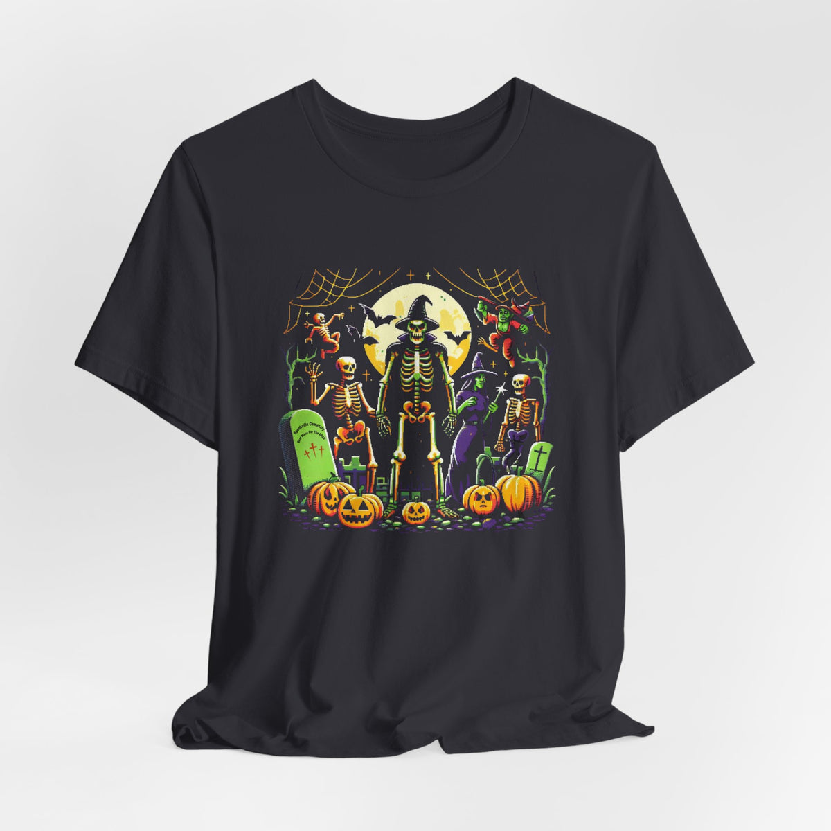 Retro Halloween Skeleton & Witch T-Shirt – Vintage Spooky Graveyard Graphic Tee