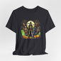 Retro Halloween Skeleton & Witch T-Shirt – Vintage Spooky Graveyard Graphic Tee