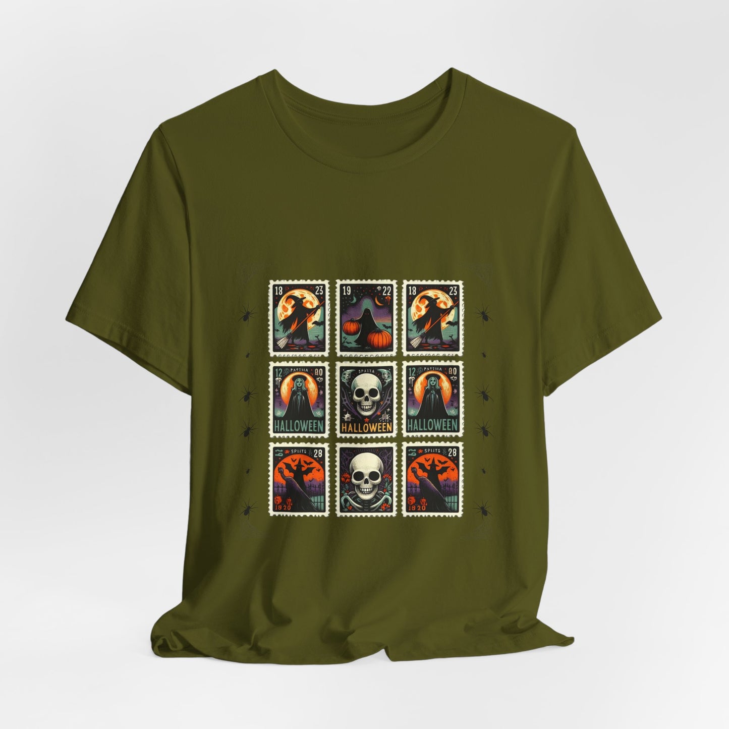 Vintage Halloween Stamp Shirt, Retro Spooky Postage Graphic Tee, Skeleton Raven Pumpkin Halloween T-Shirt