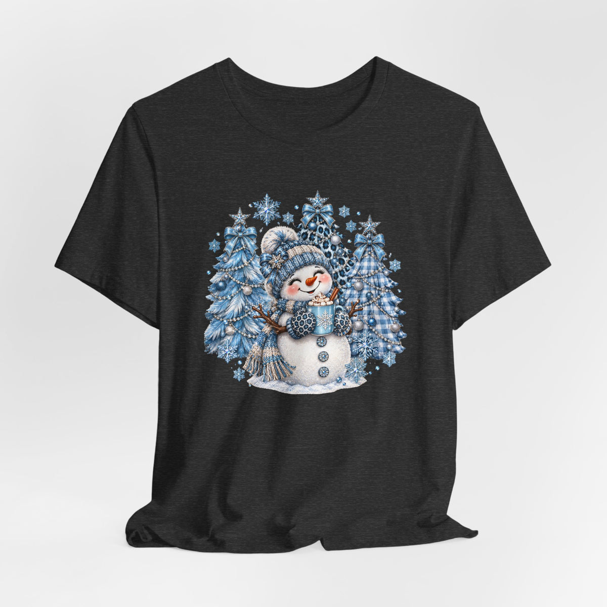 Cozy Blue Christmas Snowman TEE – Hot Cocoa, Leopard & Gingham Winter Trees