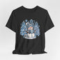 Cozy Blue Christmas Snowman TEE – Hot Cocoa, Leopard & Gingham Winter Trees