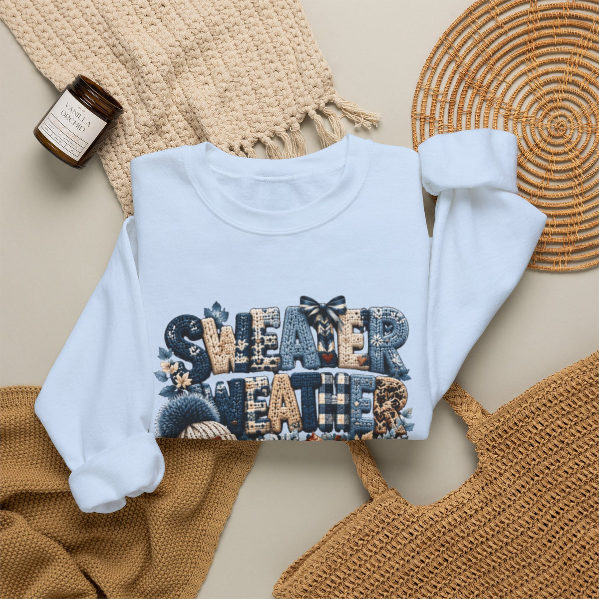 Blue Sweater Weather Shirt – Crochet Knit Fall Graphic Tee, Leopard Print Pumpkin & Coffee Design