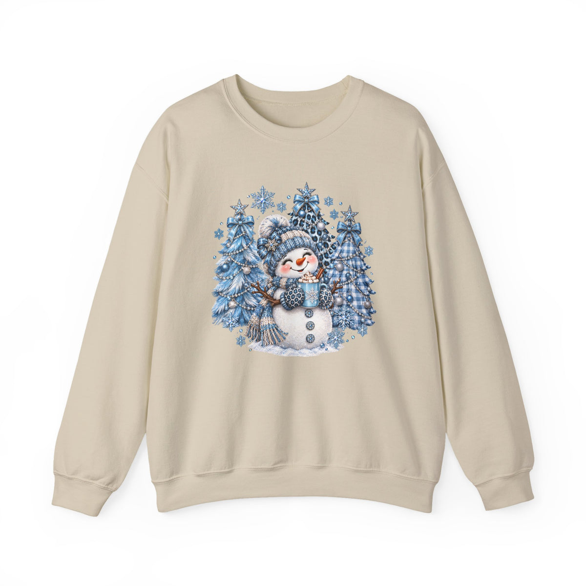 Cozy Blue Christmas Snowman Sweatshirt – Hot Cocoa, Leopard & Gingham Winter Trees