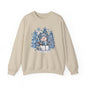 Cozy Blue Christmas Snowman Sweatshirt – Hot Cocoa, Leopard & Gingham Winter Trees