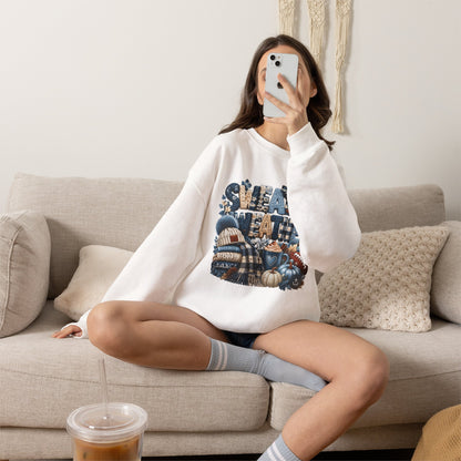 Blue Sweater Weather Shirt – Crochet Knit Fall Graphic Tee, Leopard Print Pumpkin & Coffee Design
