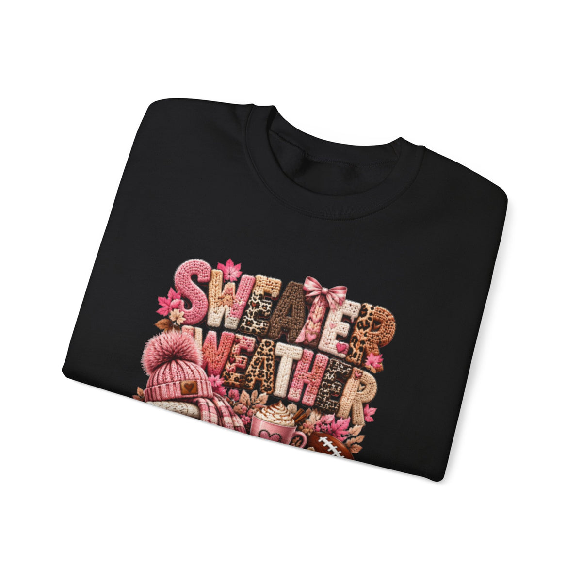 Pink Sweater Weather Shirt – Crochet Knit Fall Graphic Tee, Leopard Print Pumpkin & Coffee Design