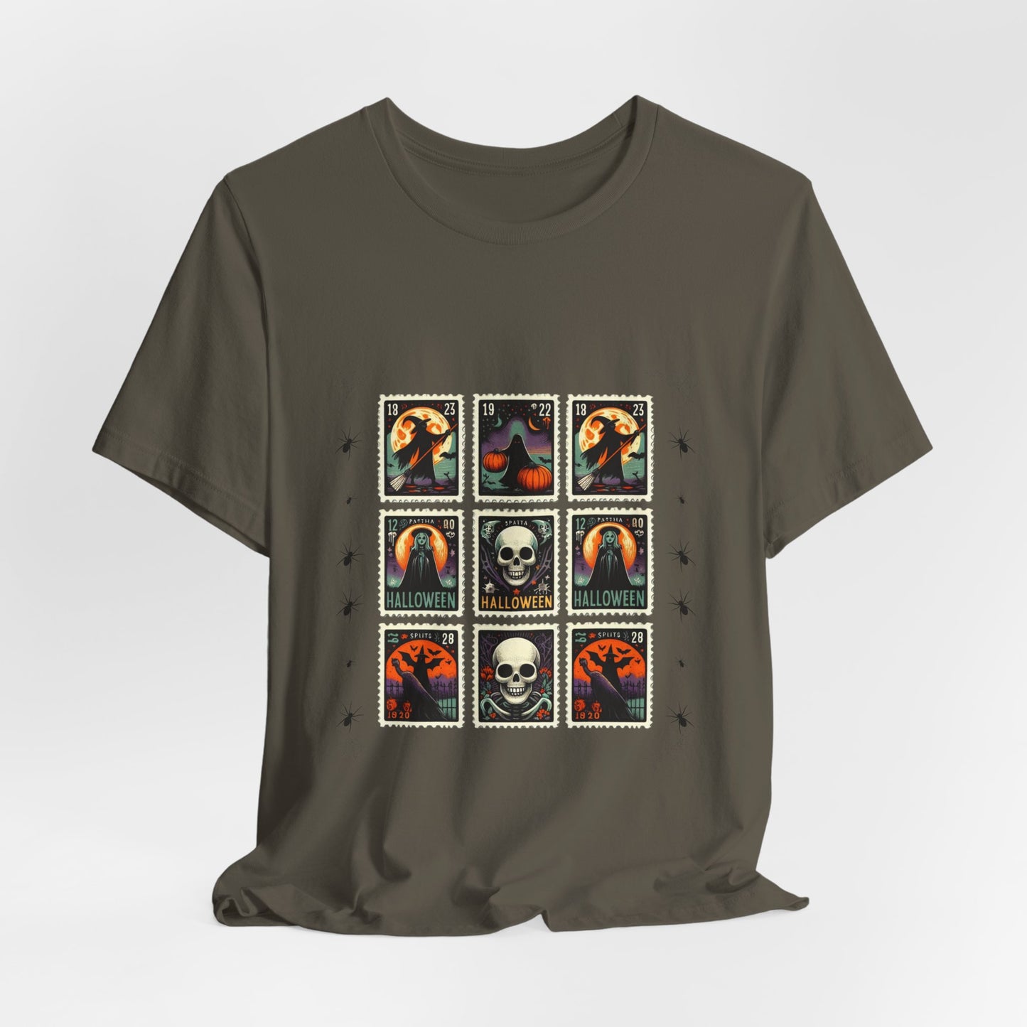 Vintage Halloween Stamp Shirt, Retro Spooky Postage Graphic Tee, Skeleton Raven Pumpkin Halloween T-Shirt