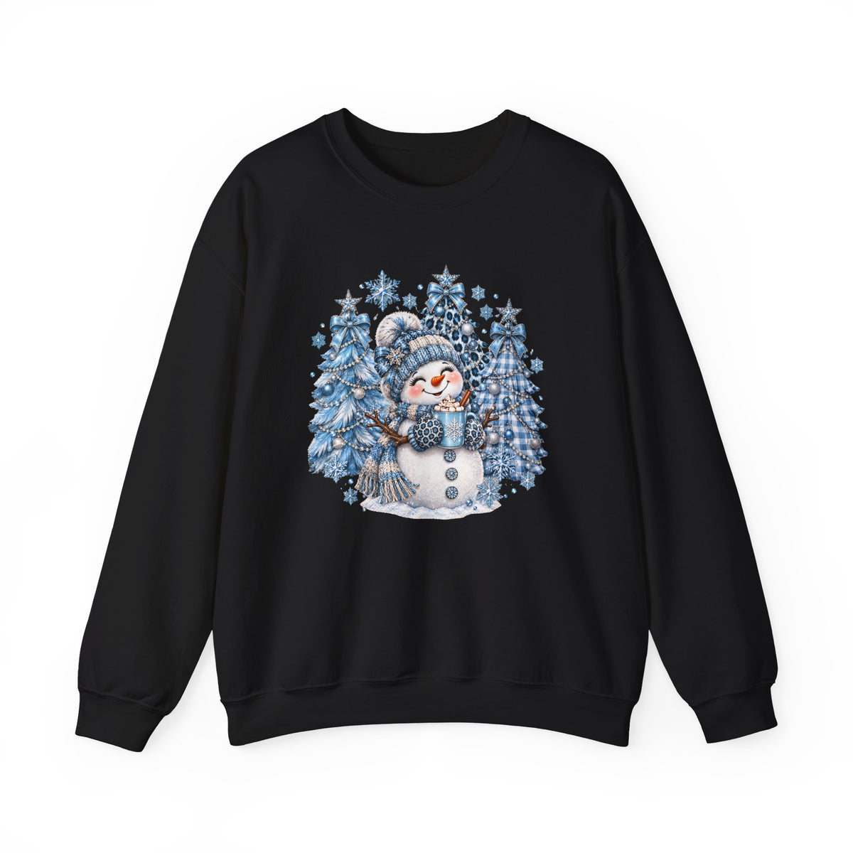 Cozy Blue Christmas Snowman Sweatshirt – Hot Cocoa, Leopard & Gingham Winter Trees