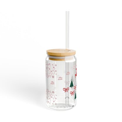 Festive Reindeer Holiday 16oz Sipper Glass,  Red Ribbons, Green Christmas Trees, and Bamboo Lid, Perfect Gift for the Holidays