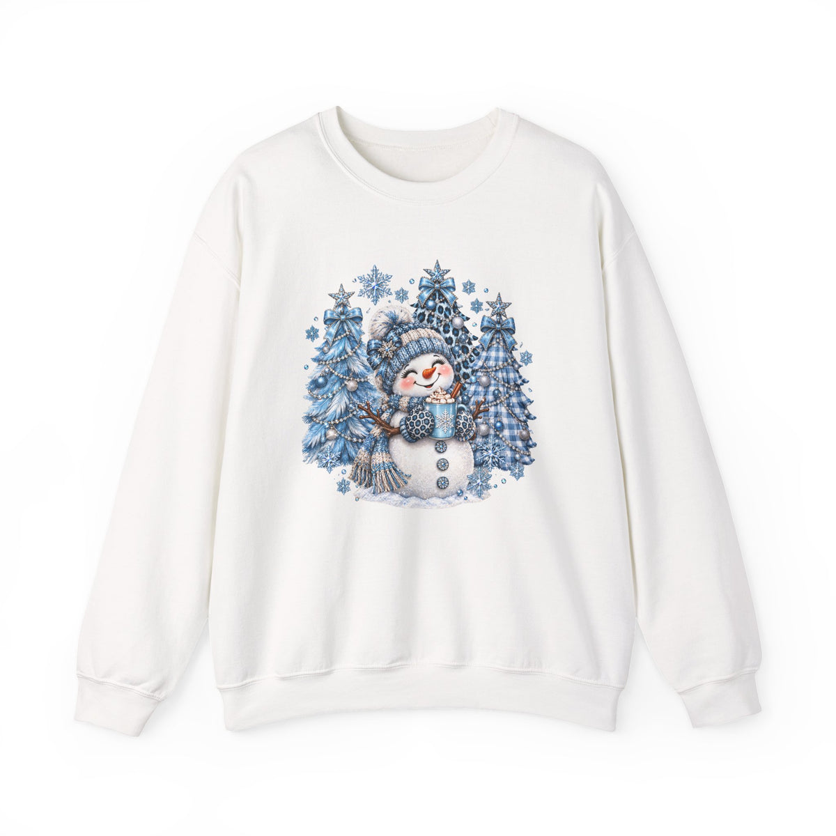 Cozy Blue Christmas Snowman Sweatshirt – Hot Cocoa, Leopard & Gingham Winter Trees