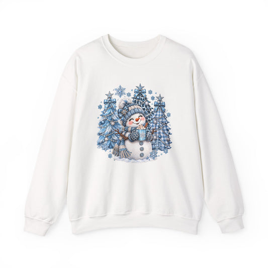 Cozy Blue Christmas Snowman Sweatshirt – Hot Cocoa, Leopard & Gingham Winter Trees