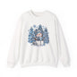 Cozy Blue Christmas Snowman Sweatshirt – Hot Cocoa, Leopard & Gingham Winter Trees