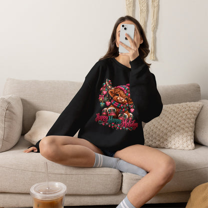 Holiday Highland Cow Crewneck Sweatshirt — "Happy Happy Holiday" Cozy Christmas Sweater