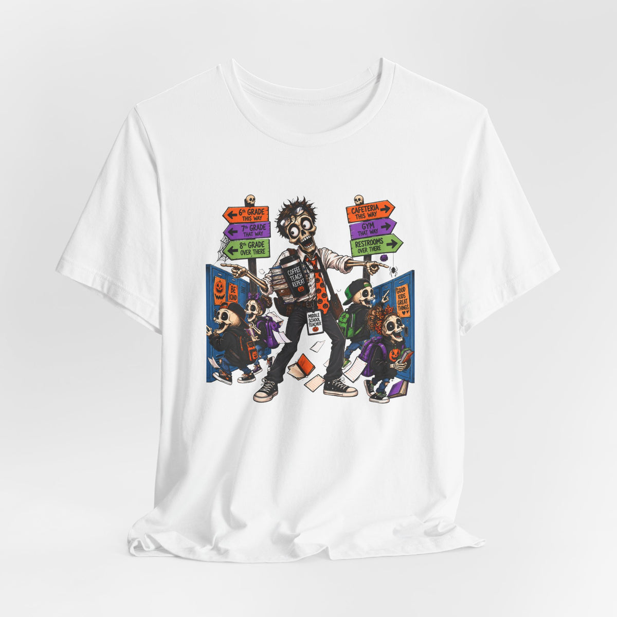 Male Middle School Teacher Halloween Skeleton Shirt – Coffee Teach Repeat Classroom Chaos Tee