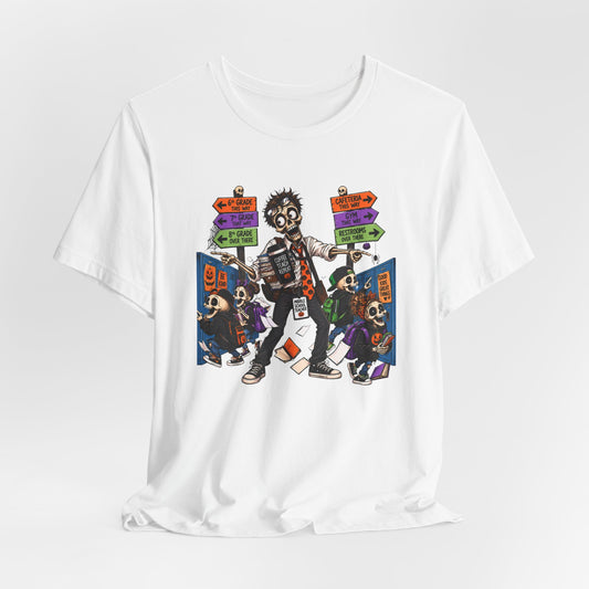 Male Middle School Teacher Halloween Skeleton Shirt – Coffee Teach Repeat Classroom Chaos Tee
