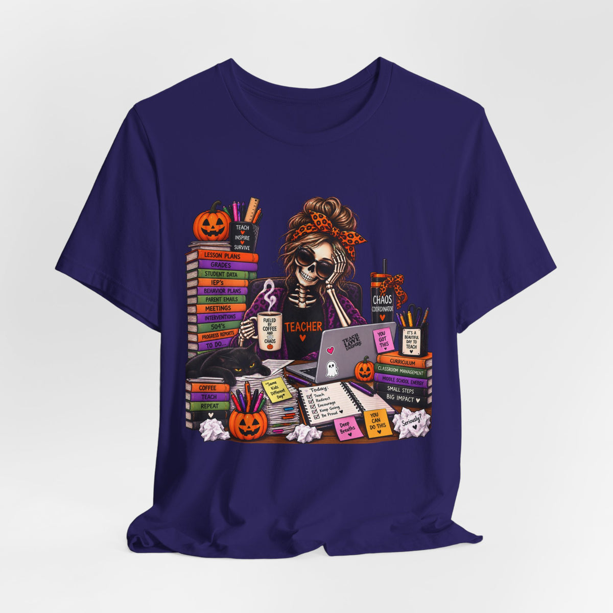 Teacher Halloween Shirt – Fueled by Coffee & Chaos Skeleton Teacher Tee