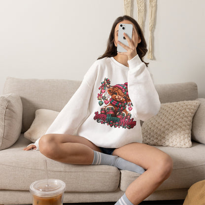 Holiday Highland Cow Crewneck Sweatshirt — "Happy Happy Holiday" Cozy Christmas Sweater