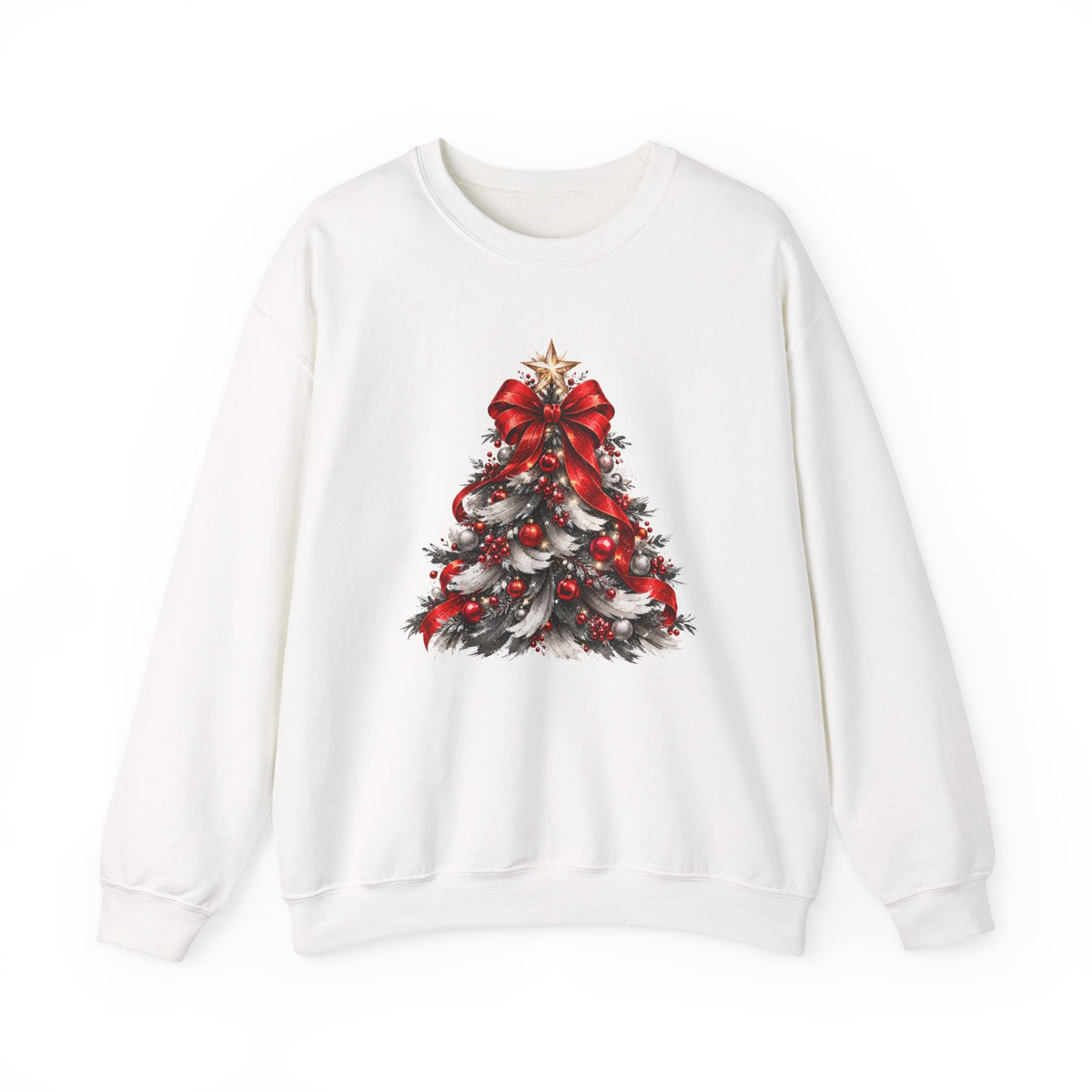 Festive Christmas Tree Sweatshirt – Red Bow & Ornament Holiday Crewneck