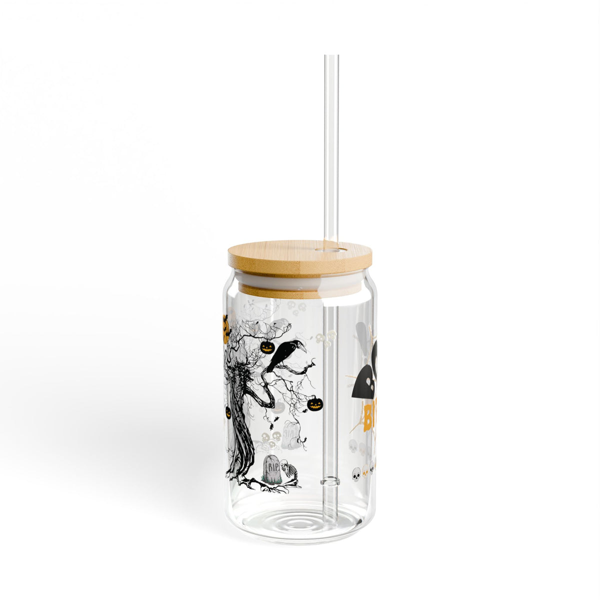 Cute Spooky Halloween Inspired Sipper Glass with Bamboo Lid Straw Tumbler Mug for beverages and drinks