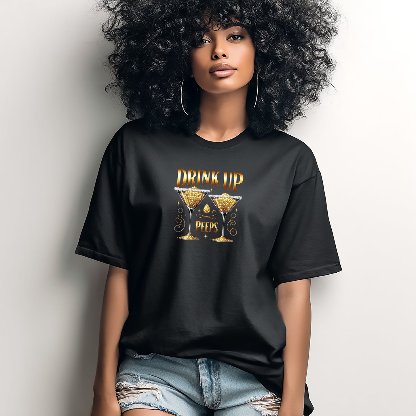 Drink Up Peeps Tee — Gold Glitter Cocktail Party T-Shirt