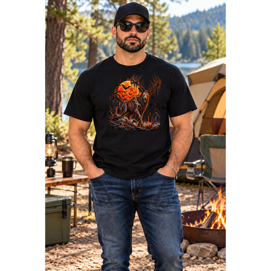 Haunted Buck Halloween T-Shirt – Undead Deer Graveyard Horror Tee