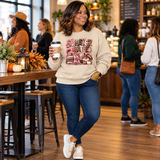 Sweatshirt - Pink Sweater Weather Shirt – Crochet Knit Fall Graphic Tee, Leopard Print Pumpkin & Coffee Design