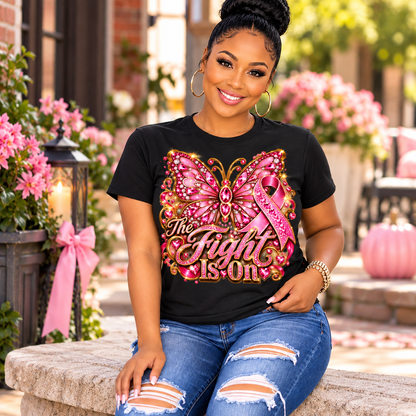 Tee - Breast Cancer Awareness - 'The Fight Is On' Pink Ribbon Butterfly Shirt