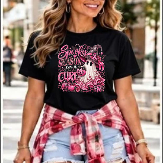 Tee - Spooky Season for a Cure Shirt | Breast Cancer Awareness Halloween Ghost Tee | Pink Ribbon Witch Shirt