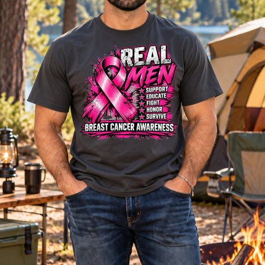 Tee - Real Men Support Breast Cancer Awareness Shirt | Men's Pink Ribbon Support Tee