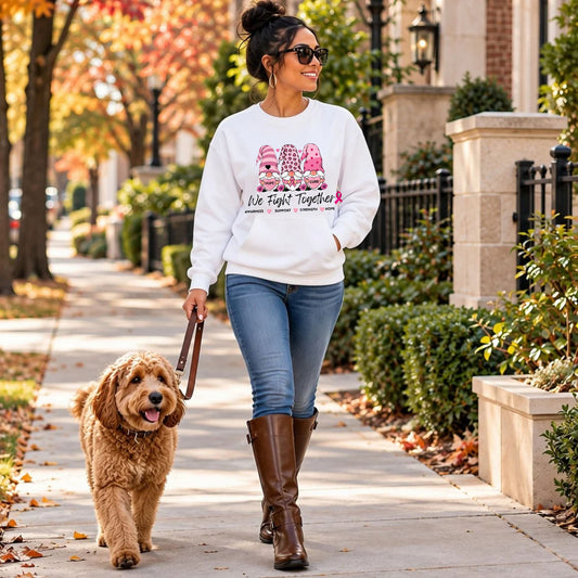 Sweatshirt - Breast Cancer Awareness Gnomes Crewneck – 'We Fight Together' Pink Ribbon Design