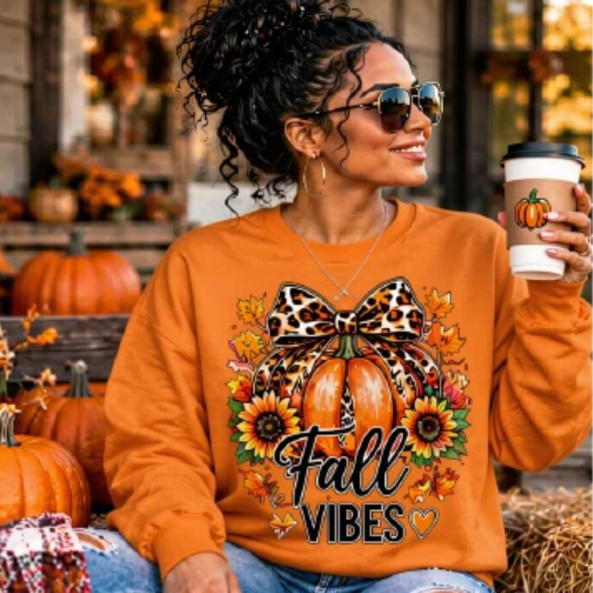 Sweatshirt - Fall Vibes Leopard Print Pumpkin Sweatshirt | Cute Autumn Graphic Crewneck
