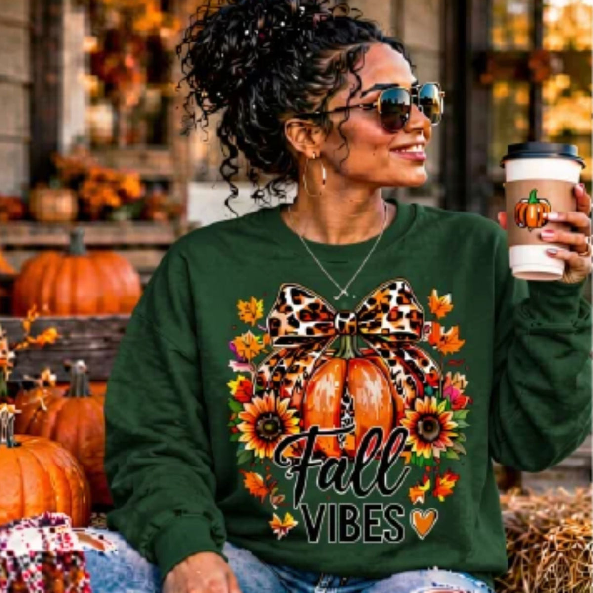 Sweatshirt - Fall Vibes Leopard Print Pumpkin Sweatshirt | Cute Autumn Graphic Crewneck