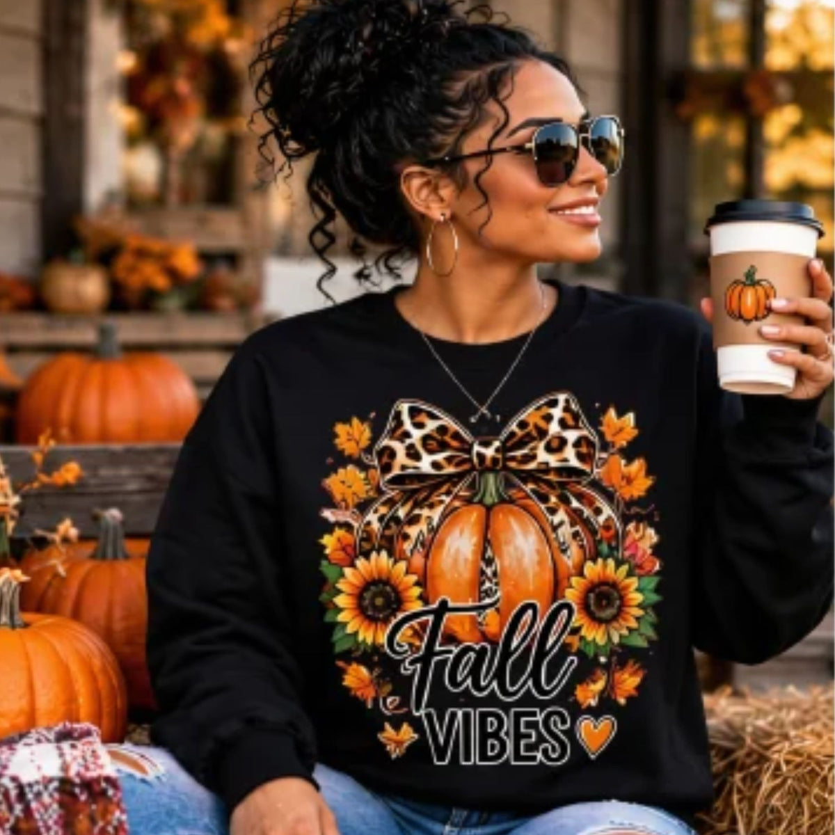 Sweatshirt - Fall Vibes Leopard Print Pumpkin Sweatshirt | Cute Autumn Graphic Crewneck