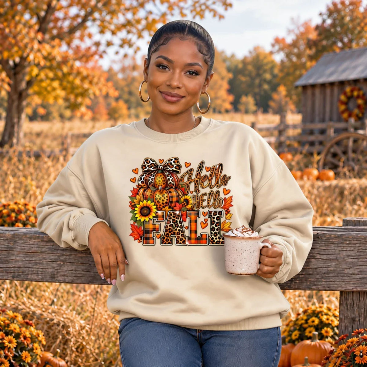 Sweatshirt - Hello Fall Leopard Print Pumpkin Sweatshirt | Plaid Autumn Graphic Crewneck
