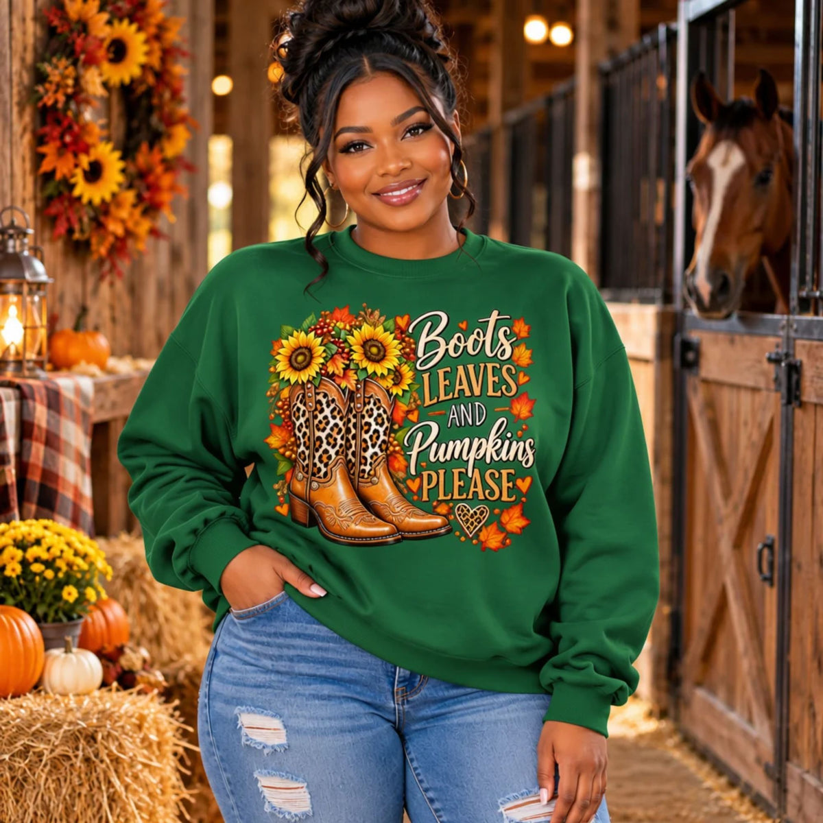 Sweatshirt - Boots Leaves & Pumpkins Please Sweatshirt | Leopard Print Western Fall Crewneck