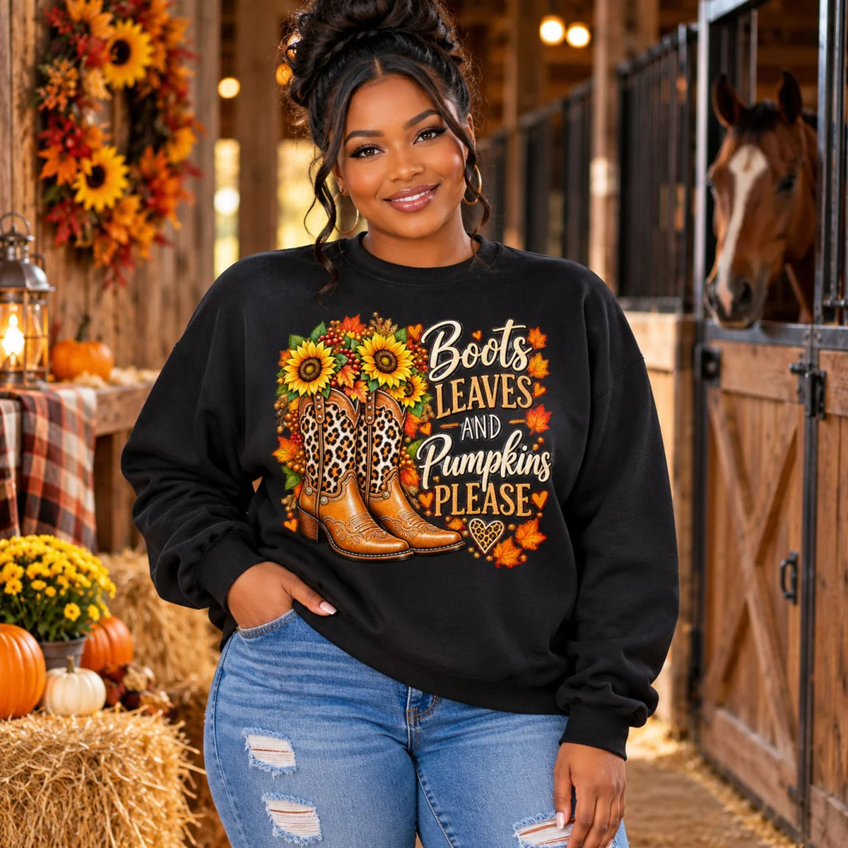 Sweatshirt - Boots Leaves & Pumpkins Please Sweatshirt | Leopard Print Western Fall Crewneck