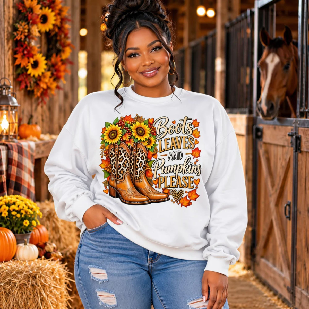 Sweatshirt - Boots Leaves & Pumpkins Please Sweatshirt | Leopard Print Western Fall Crewneck
