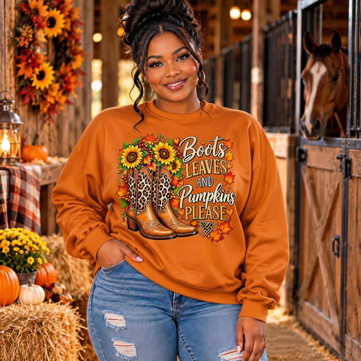 Sweatshirt - Boots Leaves & Pumpkins Please Sweatshirt | Leopard Print Western Fall Crewneck