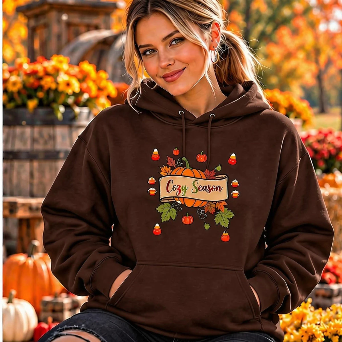 Hoodie - Cozy Season Pumpkin Hoodie | Cute Fall Graphic Pullover Hoodie