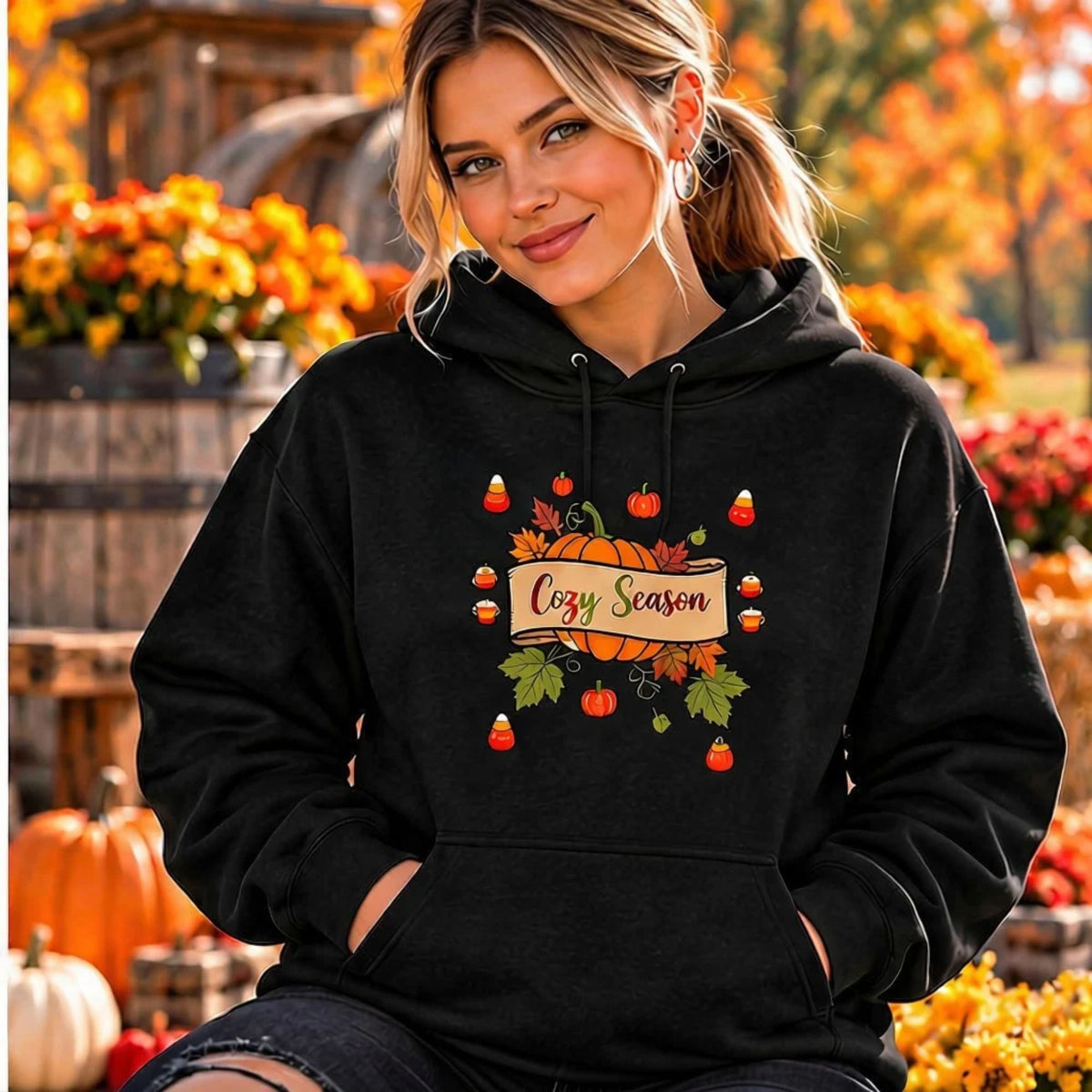 Hoodie - Cozy Season Pumpkin Hoodie | Cute Fall Graphic Pullover Hoodie