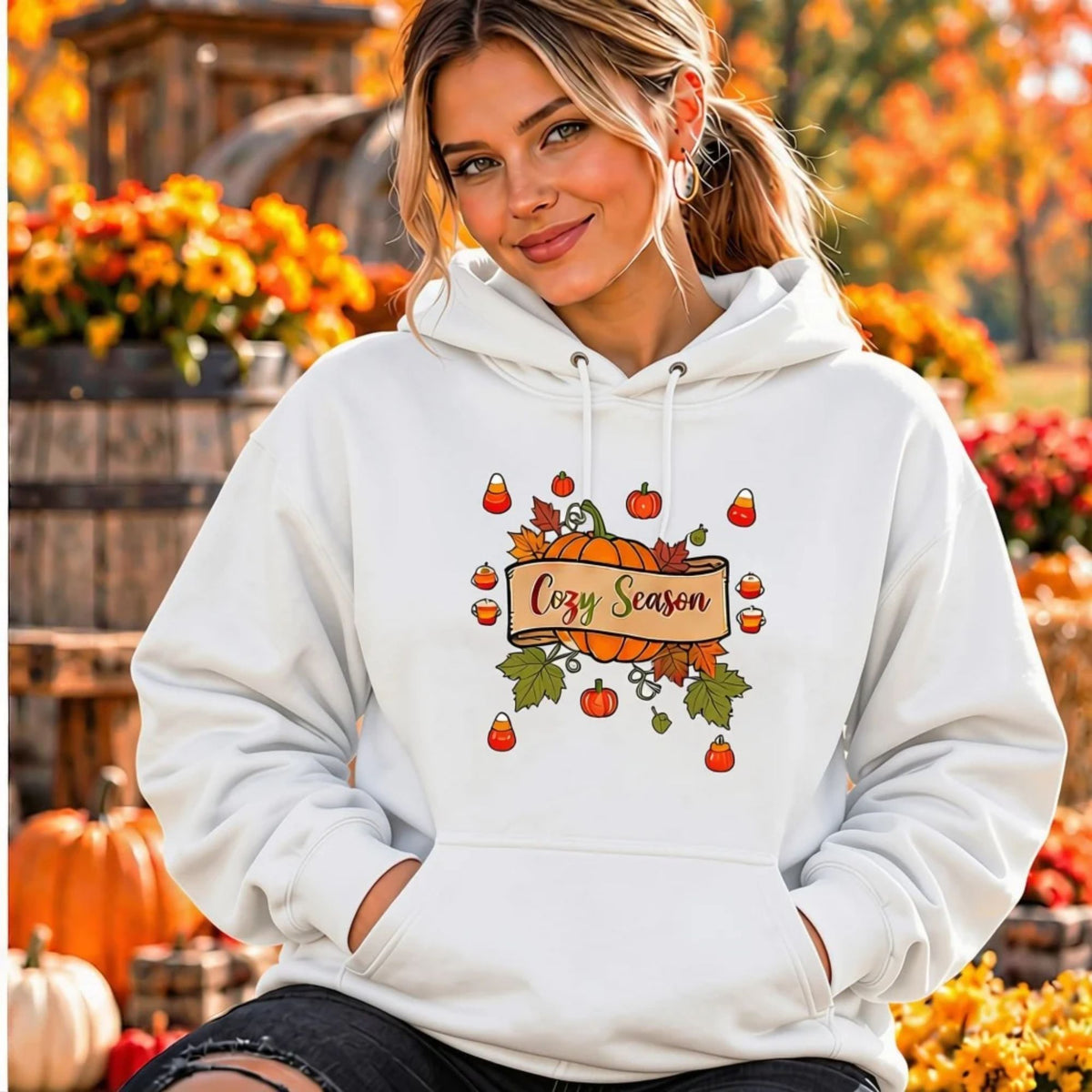 Hoodie - Cozy Season Pumpkin Hoodie | Cute Fall Graphic Pullover Hoodie