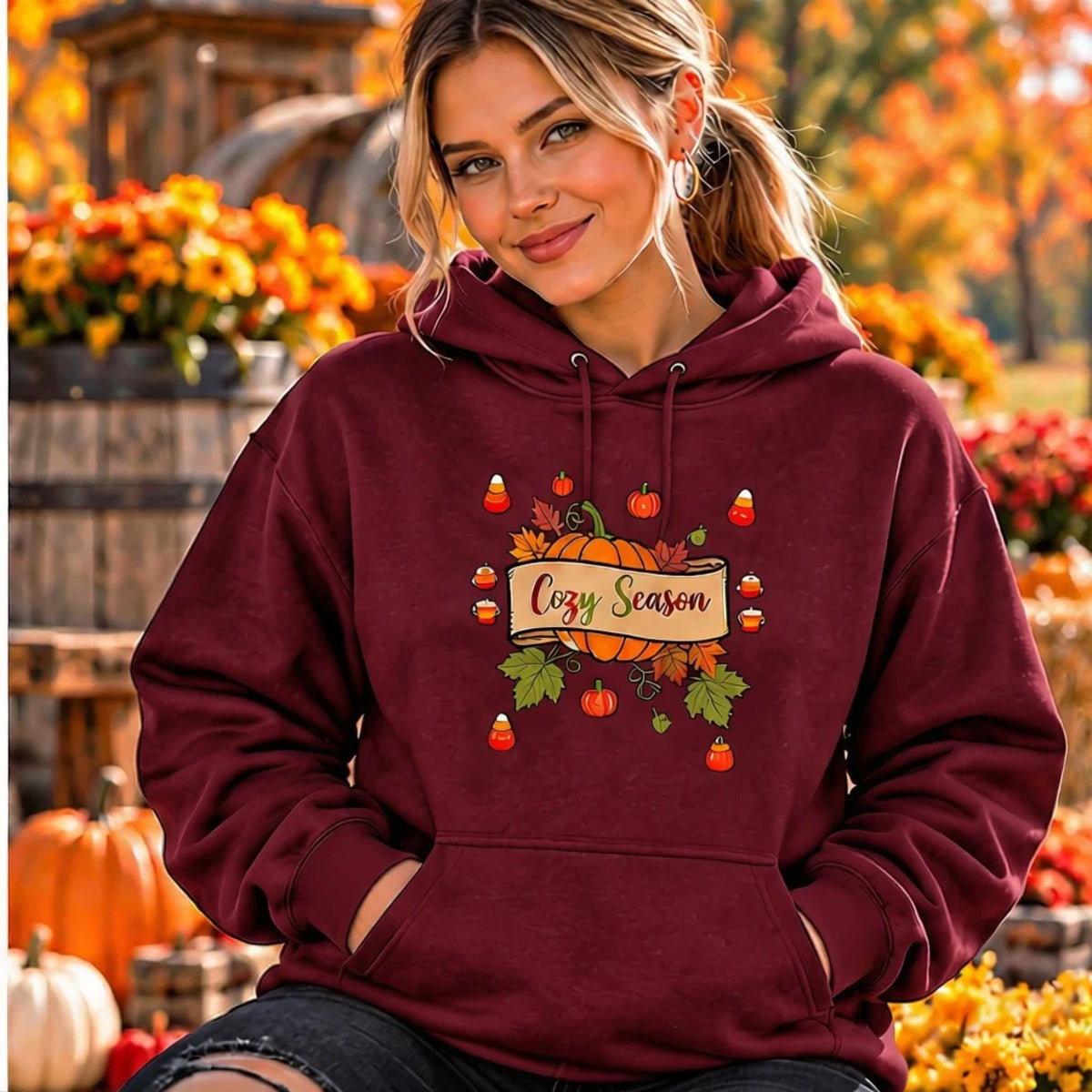 Hoodie - Cozy Season Pumpkin Hoodie | Cute Fall Graphic Pullover Hoodie