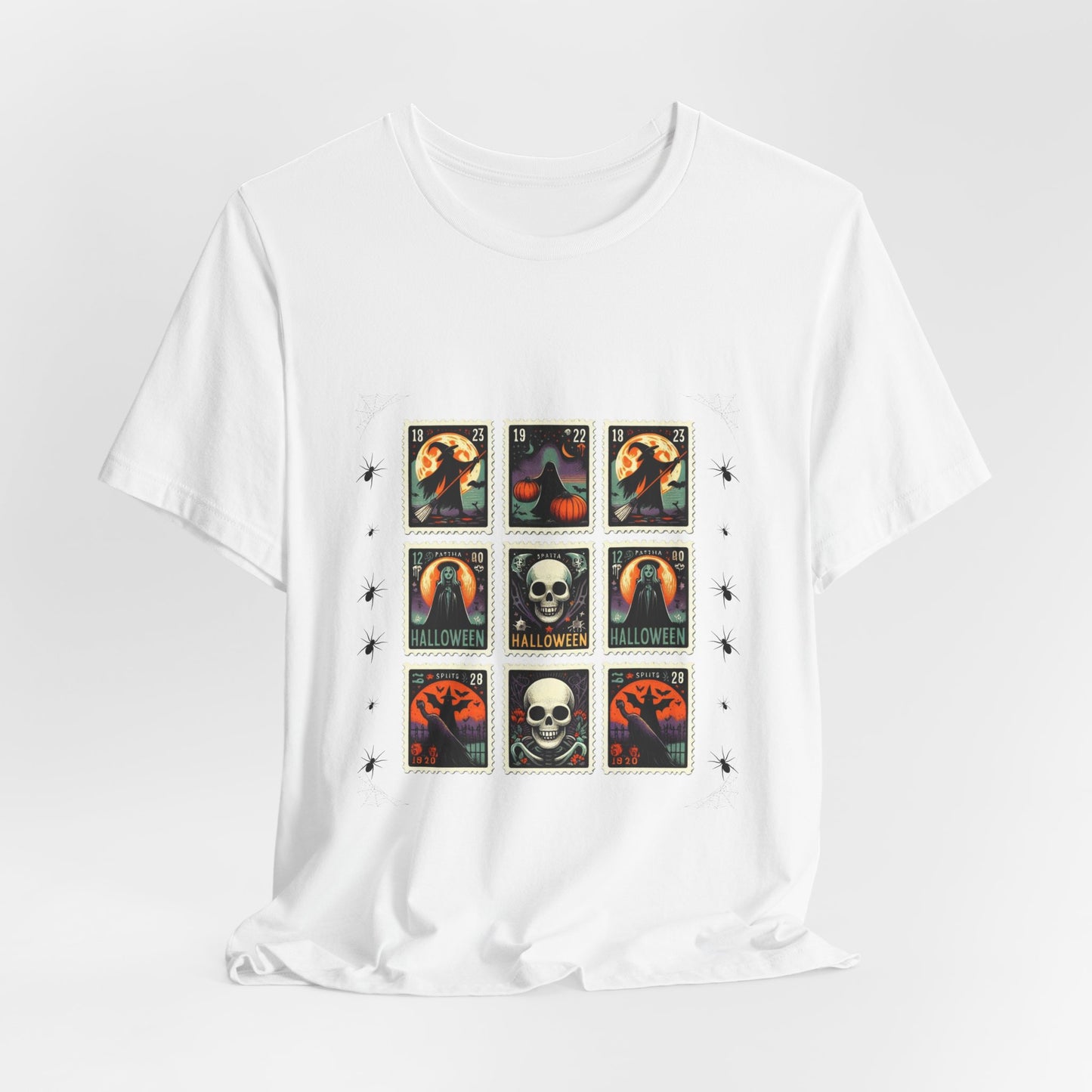 Vintage Halloween Stamp Shirt, Retro Spooky Postage Graphic Tee, Skeleton Raven Pumpkin Halloween T-Shirt
