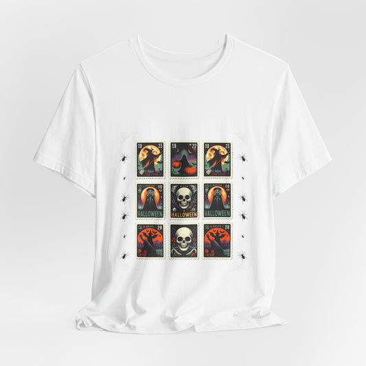 Vintage Halloween Stamp Shirt, Retro Spooky Postage Graphic Tee, Skeleton Raven Pumpkin Halloween T-Shirt