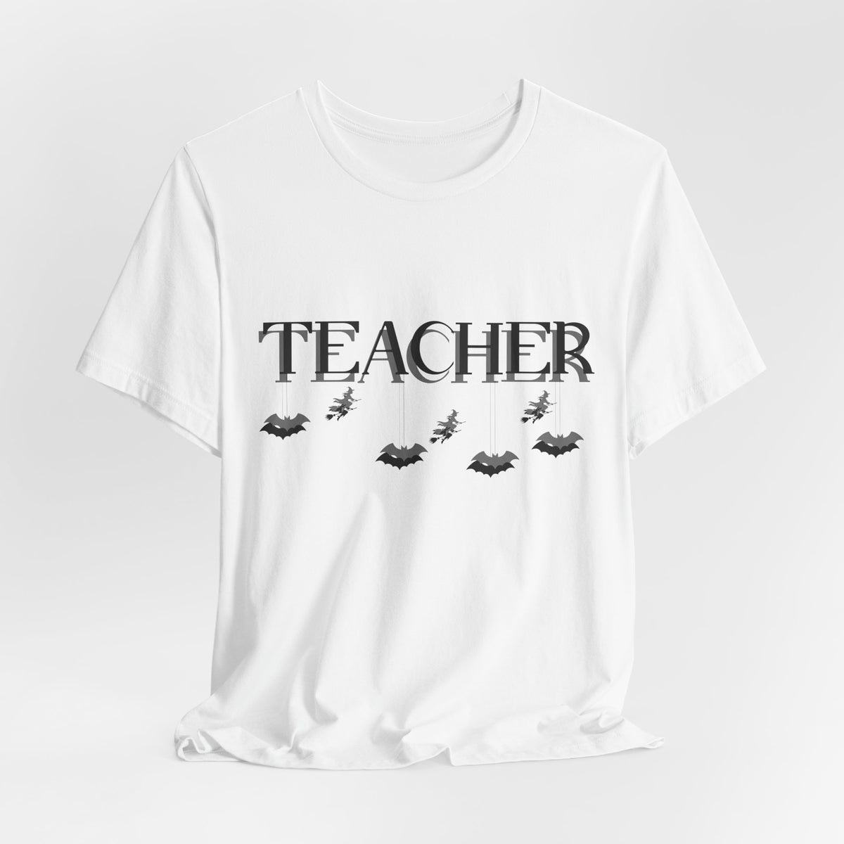 Teacher Halloween Shirt | Spooky Teacher Tee | Witch & Bat Teacher Graphic | Black and Gray Halloween Teacher T-Shirt
