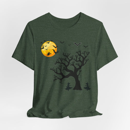 Halloween Spirit Unisex Tee - Cute Fall Graphic Tee, Autumn Clothing, Witch Shirt, Halloween Costume Top, Tree and Moon Shirt