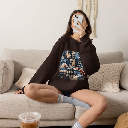 Blue Sweater Weather Shirt – Crochet Knit Fall Graphic Tee, Leopard Print Pumpkin & Coffee Design