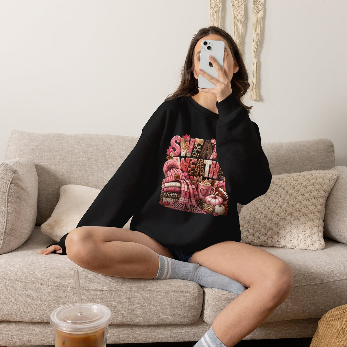 Pink Sweater Weather Shirt – Crochet Knit Fall Graphic Tee, Leopard Print Pumpkin & Coffee Design